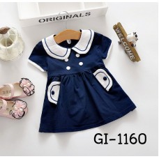 GI1160 เดรสสั้นเด็กผู้หญิง คอบัวแขนสั้นแนวกะลาสีเรือ กระดุมคู่หน้า สีกรมท่า 