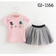 GI1166 ชุดเด็กผู้หญิง เสื้อคอกลมแขนสั้นลายแมวติดโบว์ สีชมพู + กระโปรงแต่งไข่มุก (2ชิ้น)