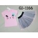GI1166 ชุดเด็กผู้หญิง เสื้อคอกลมแขนสั้นลายแมวติดโบว์ สีชมพู + กระโปรงแต่งไข่มุก (2ชิ้น)