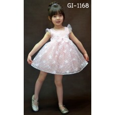 GI1168 เดรสเด็กผู้หญิงแขนกุดขอบระบาย ติดโบว์ที่เอว ผ้าลูกไม้สีชมพูทั้งตัว S.130/140