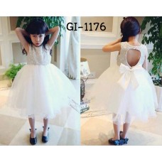 GI1176 ชุดเดรสเด็กผู้หญิงใส่ออกงานแขนกุด ช่วงบนผ้าลูกไม้ เปิดหลังรูปหัวใจ ติดโบว์ สีขาวทั้งตัว (2ชิ้น) 