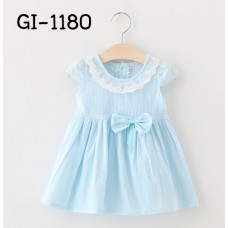 GI1180 ชุดเดรสเด็กผู้หญิงแขนสั้นคอระบายลูกไม้ ติดโบว์ สีฟ้า 
