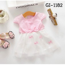 GI1182 ชุดเดรสเด็กผู้หญิงแขนสั้นช่วงบนลายสก๊อตสีชมพู ติดโบว์ กระโปรงสีขาว