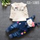 GI1185 ชุดเด็กผู้หญิง เสื้อคอกลมแขนยาวสีขาว สกรีนลายแมวติดโบว์+ เอี๊ยมยีนส์ขายาวหน้าคิตตี้ (2ชิ้น) S.80