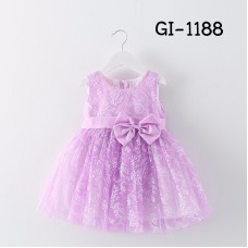 GI1188 ชุดเดรสเด็กผู้หญิงออกงาน แขนกุดลายดอกไม้ติดโบว์ สีม่วง S.90