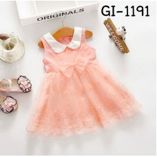 GI1191 ชุดเดรสเด็กผู้หญิง ออกงาน แขนกุดคอบัวสีขาว ติดโบว์ ปักลายดอกไม้ สีโอรส S.100