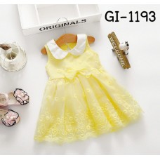GI1193 ชุดเดรสเด็กผู้หญิง ออกงาน แขนกุดคอบัวสีขาว ติดโบว์ ปักลายดอกไม้ สีเหลือง S.80/90