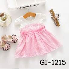 GI1215 ชุดมินิเดรสเด็กผู้หญิง แขนสั้นสีขาว แต่งลูกไม้และไข่มุก สีชมพู