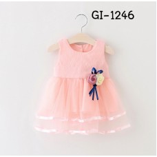 GI1246 มินิเดรสเด็กผู้หญิงออกงานแขนกุด แต่งดอกไม้ที่เอว กระโปรงขอบริบบิ้น 2 ชั้น สีโอรส (2ชิ้น) S.95/100