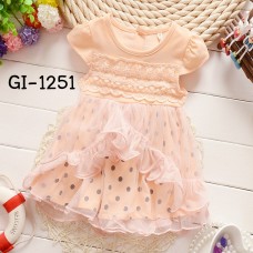 GI1251 เดรสเด็กผู้หญิงออกงานแขนสั้น ปลายขอบย้วยเล่นระดับ ลายจุดสีโอรส