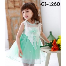 GI1260 ชุดเดรสเด็กผู้หญิงออกงาน แขนกุด แต่งลูกไม้คลุมไหล่ ติดโบว์ สีเขียว 