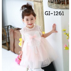GI1261 ชุดเดรสเด็กผู้หญิงออกงาน แขนกุด แต่งลูกไม้คลุมไหล่ ติดโบว์ สีชมพู 