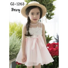 GI1263X << สินค้ามีตำหนิ >> ชุดเดรสเด็กผู้หญิงออกงาน แขนกุด แต่งไข่มุกและลูกไม้ช่วงบน ติดโบว์ สีชมพู S.100