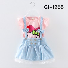 GI1268X << สินค้ามีตำหนิ >> ชุดเด็กผู้หญิง เสื้อคอกลมลายคิตตี้สีชมพู + เอี๊ยมกระโปรงยีนส์ (2ชิ้น) S.100