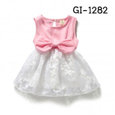 GI1282 เดรสสั้นเด็กผู้หญิงแขนกุดติดโบว์ สีชมพู กระโปรงผ้าแก้วลายดอกสีขาว