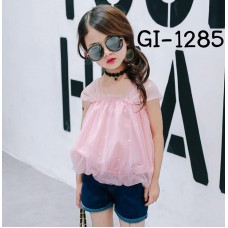 GI1285 เดรสสั้นเด็กผู้หญิงทรงบอลลูน แต่งไข่มุกผ้าชีฟอง สีชมพูกะปิ S.110
