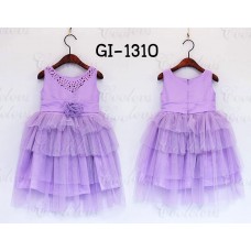 GI1310 ชุดราตรีเด็กผู้หญิงใส่ออกงาน แขนกุดติดดอกไม้ กระโปรงเป็นชั้นๆ สีม่วง