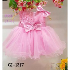 GI1317 ชุดราตรีเด็กผู้หญิง เด็กเล็ก ใส่ออกงาน แขนกุดติดโบว์ที่บ่า สีชมพู 