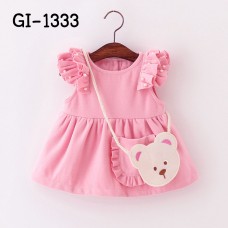 GI1333 เดรสสั้นเด็กผู้หญิง แขนระบายแต่งไข่มุก สีชมพู พร้อมสายสะพายหมี (2ชิ้น) S.120