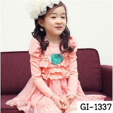 GI1337 ชุดเดรสเด็กผู้หญิงแขนยาว ช่วงอกแต่งระบายลูกไม้เป็นชั้นๆ สีชมพู พร้อมเข็มกลัดดอกไม้ (ถอดออกได้) สีเขียว (2ชิ้น) S.100/130