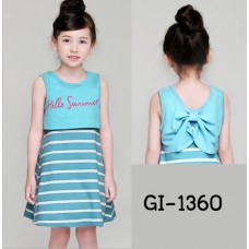 GI1360 ชุดเดรสเด็กผู้หญิง สายเดี่ยวลายขวาง + เสื้อแขนกุดเอวลอย สีฟ้า (2ชิ้น) S.90/110