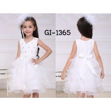 GI1365 ชุดราตรีเด็กผู้หญิงออกงาน แขนกุด ติดโบว์ กระโปรงระบายเป็นชั้นๆ สีขาว 