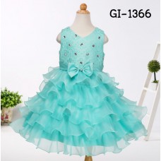 GI1366 ชุดราตรีเด็กผู้หญิงออกงาน แขนกุด ติดโบว์ กระโปรงระบายเป็นชั้นๆ สีเขียวมิ้นท์ S.130