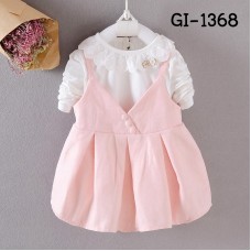 GI1368 ชุดเดรสสั้นเด็กผู้หญิง เสื้อแขนยาวสีขาว + เอี๊ยมกระโปรงสีชมพู (2ชิ้น) S.80/100