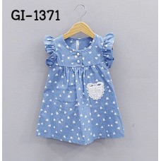 GI1371 ชุดเดรสเด็กผู้หญิง แขนกุดขอบระบาย ผ้ายีนส์ลายหัวใจ 