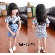 GI1379 ชุดเดรสเด็กผู้หญิงคอกลมแขนสั้น ลายขวางหน้าหนูมีหนวด