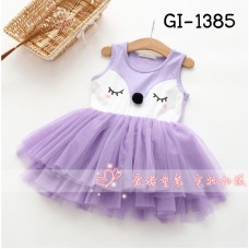 GI1385 ชุดกระโปรงเด็กผู้หญิงแขนกุด จิ้งจอกหลับตา สีม่วง S.100/110