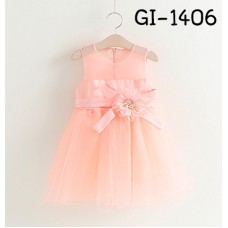 GI1406 ชุดเดรสเด็กผู้หญิง แขนกุดซีทรู ช่วงเอวแต่งดอกไม้ไข่มุก สีพีช