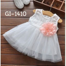 GI1410 ชุดเดรสสั้นเด็กเล็ก เด็กผู้หญิง แขนกุดผ้าลูกไม้สีขาว ช่วงเอวติดดอกไม้สีโอรส (2ชิ้น) 