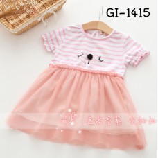 GI1415 ชุดกระโปรงเด็กผู้หญิงคอกลมแขนสั้น หมีหลับตา ลายขวางสีขาวชมพู