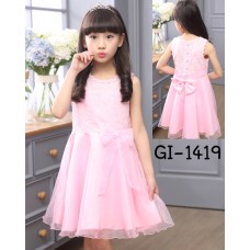 GI1419 ชุดราตรีเด็กผู้หญิง เด็กโตออกงาน แขนกุดผ้าช่วงบนผ้าลูกไม้ แต่งโบว์และกระดุม สีชมพู 