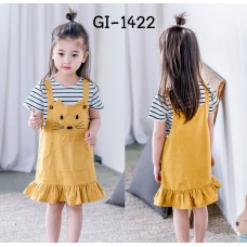 GI1422 ชุดเอี๊ยมเด็กผู้หญิง เสื้อแขนสั้นลายขวาง และเอี๊ยมกระโปรงหน้าแมว สีเหลืองคัสตาร์ด (2ชิ้น) S.100