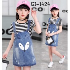 GI1424 ชุดเอี๊ยมเด็กผู้หญิง เด็กโต เสื้อแขนสั้นลายขวาง และเอี๊ยมกระโปรงยีนส์หน้าจิ้งจอก (4ชิ้น) S.130