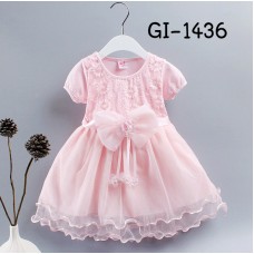 GI1436 ชุดเดรสเด็กผู้หญิง ออกงาน แขนสั้นแต่งดอกไม้ที่เอว ผ้าชีฟองสีชมพู (2ชิ้น) 