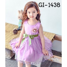 GI1438 ชุดเดรสออกงานเด็กผู้หญิง ติดดอกไม้และโบว์ที่เอว กระโปรงขอบย้วยไล่ระดับ สีม่วง (3ชิ้น)