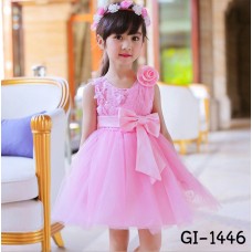 GI1446 ชุดราตรีเด็กผู้หญิง แขนกุด ช่วงบนแต่งเลื่อม ติดกุหลาบที่บ่าข้างเดียว สีชมพู