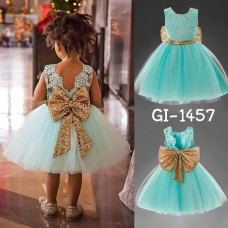 GI1457 ชุดราตรีเด็กผู้หญิงออกงานแขนกุด แต่งเลื่อมคาดเอว เว้าด้านหลัง สีเขียวมิ้นท์ (2ชิ้น) S.110