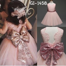 GI1458 ชุดราตรีเด็กผู้หญิงออกงานแขนกุด แต่งเลื่อมคาดเอว เว้าด้านหลัง สีโอรส (2ชิ้น) 