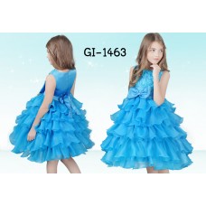 GI1463 ชุดราตรีเด็กผู้หญิงออกงาน แขนกุด แต่งกุหลาบช่วงบน ติดโบว์ที่เอว กระโปรงระบายเป็นชั้นๆ สีฟ้า 