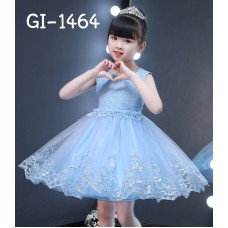 GI1464 เดรสราตรีเด็กผู้หญิงออกงานแขนกุด ปักลูกไม้รอบชายกระโปรง สีฟ้า