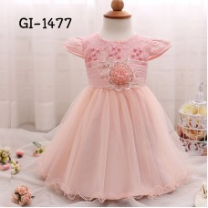 GI1477 ชุดราตรีเด็กเล็ก แขนสั้นช่วงบนแต่งลูกไม้ติดไข่มุกและดอกไม้ สีโอรส