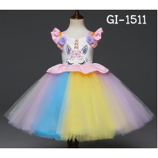 GI1511 ชุดแฟนซีม้ายูนิคอร์นหลากสี แต่งระบายที่ขอบแขนและรอบเอวสีชมพู 