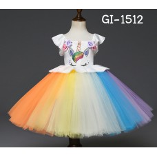 GI1512 ชุดแฟนซีม้ายูนิคอร์นสีคัลเลอร์ฟูล์ แต่งระบายที่ขอบแขนและรอบเอวสีขาว S.120