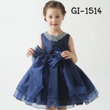 GI1514 ชุดราตรีเด็กผู้หญิง แขนกุด แต่งคริสตัลรอบคอ ติดโบว์ที่เอว สีกรมท่า