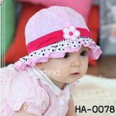 HA0078 หมวกเด็กผู้หญิง ลายหัวใจ ติดดอกไม้ ขอบระบาย สีชมพูอ่อน