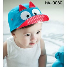 HA0080 หมวกเด็กผู้ชาย มีปีกหมวก หน้านกฮูก มีหูกระดิก สีน้ำเงิน